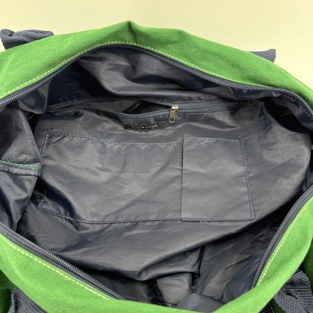 Tommy Hilfiger Duffle Bag L Green Navy Colorblock Cotton Embroidered Logo